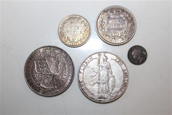 Silver coinage- 1904 Florin, 1900 Florin, 1856 shilling, 1885 6d and 1874 1d